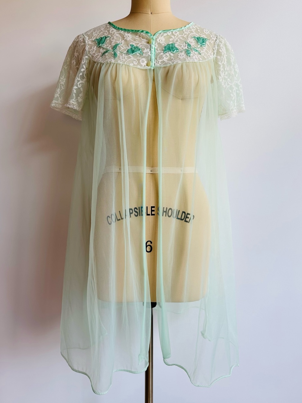 Vintage 70s Mint Green Sheer Peignoir Robe Lace Floral Embroidery Made in USA